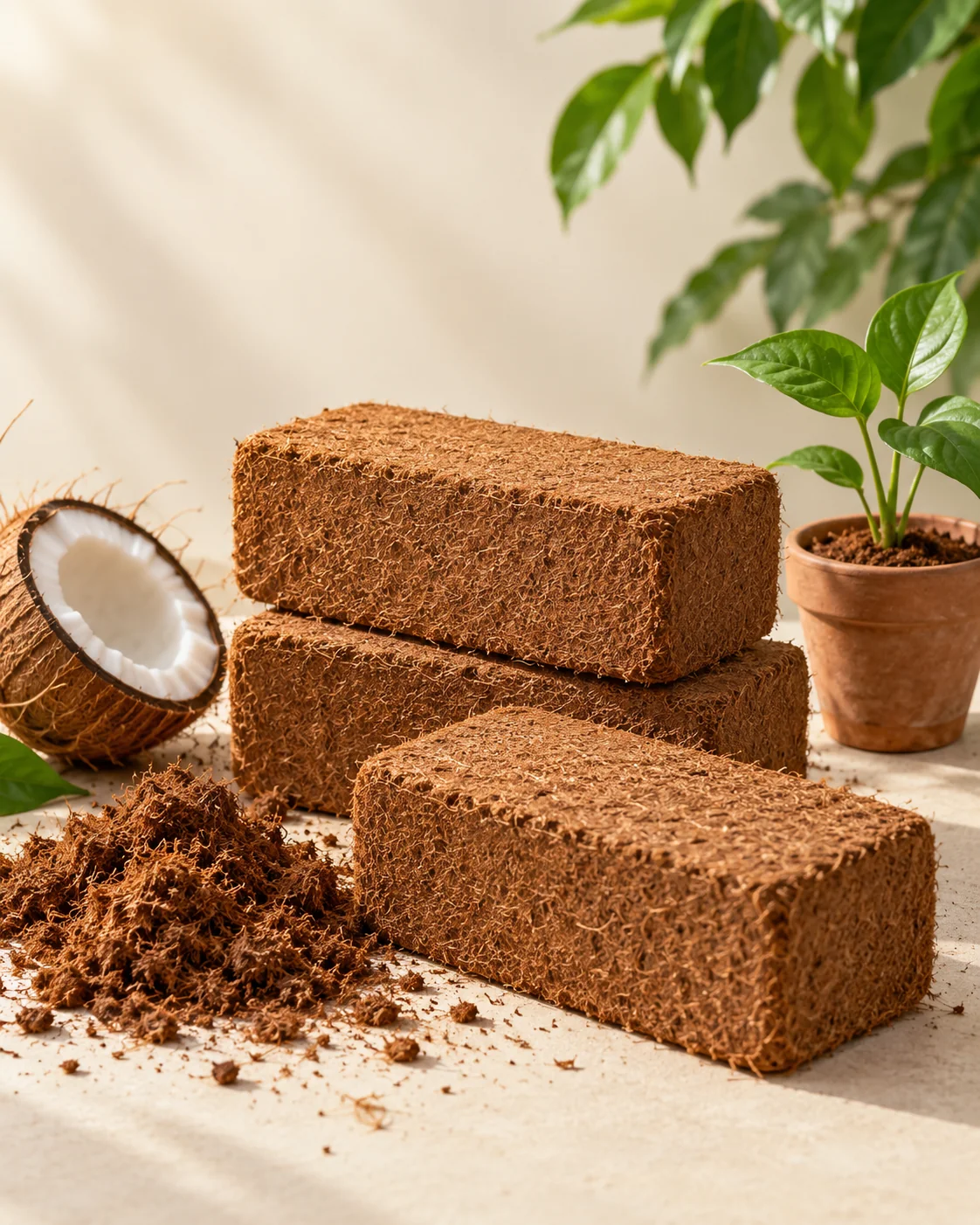Minh họa viên nén xơ dừa nâu tự nhiên bên chậu cây non và quả dừa