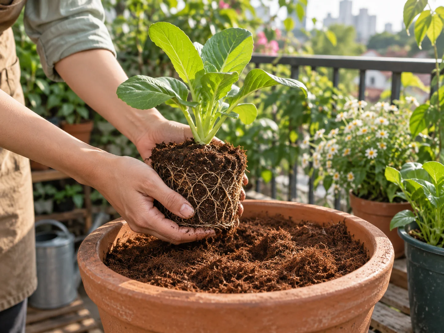 Minh họa đôi tay nâng cây non bên chậu đất nung trong một góc vườn xanh